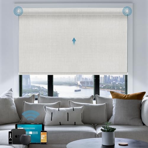 WEFFORT Motorized Roller Shade, 100% Blackout Smart Window Blinds Work with Homekit, Alexa, Google Home, Remote Control, Electric Blinds with USB/Solar Pannel Charging, Gentle White -