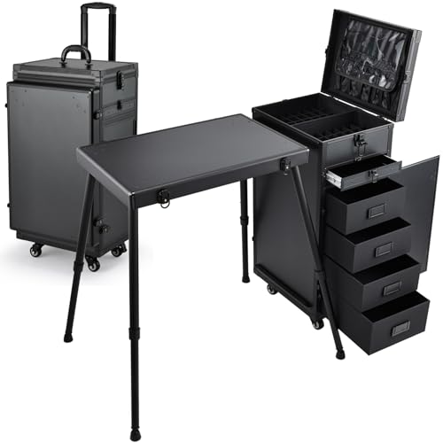 Joligrace Rolling Manicure Table 5 Drawers Makeup Case Foldable Nail Desk Cosmetology Case on Wheels Nail Tech Table with Brush Pouch for Technician Workstation Mobile Makeup Artist Trolley Black -