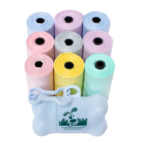 Downtown Pet Supply Unscented Poop Bags for Dogs with Dispenser, 180 Count - Leak-Proof Dog Waste Bags and Bone-Shaped Dog Poop Bags Holder for Leash - Pastel Rainbow, 12.5" x 8.5" -