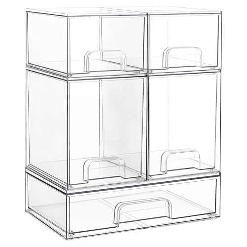 Vtopmart Stackable Storage Drawers Set of 5, Clear Plastic Organizer Bins for Beauty Supplies,Ideal for Vanity, Bathroom,Cabinet,Pantry Organization -