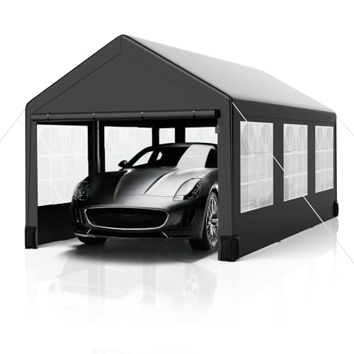 Carport, 10x20ft Heavy Duty Carport with Roll-Up Windows, Portable Garage with Removable Sidewalls & Doors, Car Canopy with Sandbags and All-Season Tarp for Car Boat Truck Motorcycle -