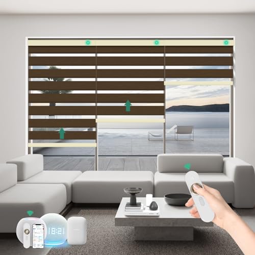 Bliwans Motorized Zebra Blinds with Remote, Work with HomeKit Alexa Automatic Electric Window Shades 95% Blackout Light Filtering for Smart Home and Office, Customized Size Modern Coffee -