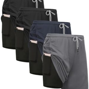 Kinglaman 4 Pack Mens 2 in 1 Running Workout Shorts with Liner, Gym Athletic Quick Dry Sport Shorts with Pockets 2 Black 1 Blue 1 Gray Large