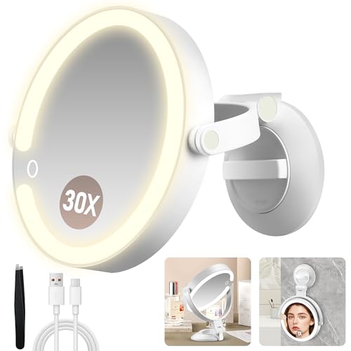 MOMOKUBA Magnifying Mirror with Light 30X, LED Bathroom Mirror with 3 Lighting Modes, 2-Sided 30x/1x Rotation Wall Mounted Makeup Mirror, Rechargeable Mirror with Lights and Suction Cup for Bathroom -