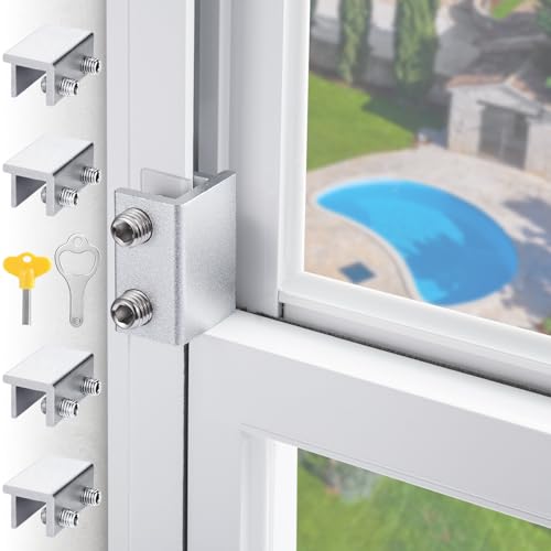 Sliding Window Locks,Window Locks for Horizontal Sliding Windows,Window Security Lock with Key,Adjustable Aluminum Easv to Install Window Stopper,Window Locks for Up and Down Windows (4 Sets Silver) -