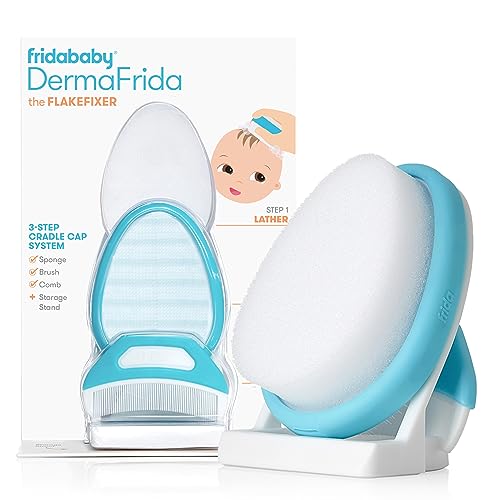 Frida Baby The 3-Step Cradle Cap System, DermaFrida The FlakeFixer, Sponge, Brush, Comb and Storage Stand for Babies with Cradle Cap, White-Blue – AmaSync Store