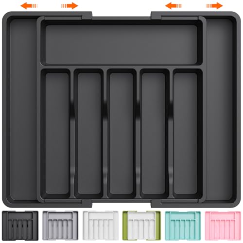 Lifewit Large Silverware Drawer Organizer, Expandable Utensil Tray for Kitchen, BPA Free Flatware and Cutlery Holder, Adjustable Plastic Storage for Spoons Forks Knives, Large, Black -