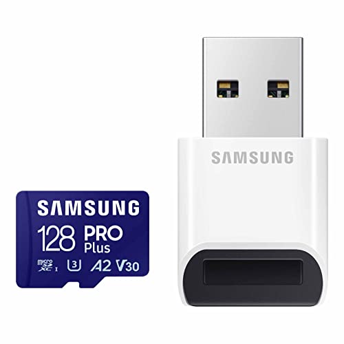 SAMSUNG PRO Plus microSD Memory Card + Reader, 128GB MicroSDXC, Up to 180 MB/s, Full HD & 4K UHD, UHS-I, C10, U3, V30, A2 for Android Phones, Tablets, GoPRO, DJI Drone, MB-MD128SB/AM, 2023 - Demo Store