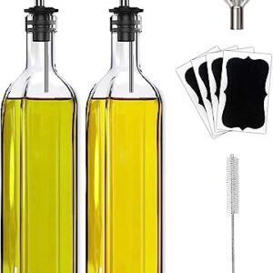 Leaflai Olive Oil Dispenser Bottle, 2 Pcs Glass Olive Oil Dispenser and Vinegar Dispenser Set with 2 Stainless Steel Pourers, 4 Labels,1 Brush and 1 Funnel Oil Bottles for Kitchen (500ml) -