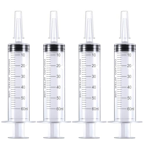 4 Pack 60 ml Syringe for Liquid Without Needle,Syringe with Cap,Individually Wrapped,for Scientific Labs,Measurement,Dispensing,Oil or Glue Applicato -