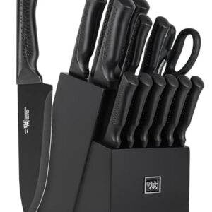 Knife Set, 15 Pcs Kitchen Knife Set with Block Self Sharpening, Dishwasher Safe, 6 Steak Knives, Anti-slip handle, Black -