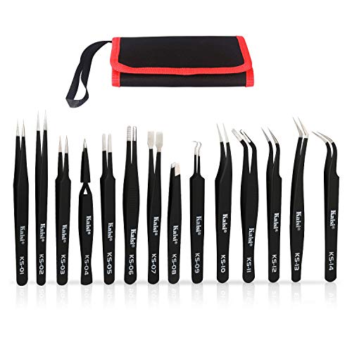 Kaisi 14 PCS Precision Tweezers Set, ESD Tweezer Set, Anti-Static Stainless Steel Tweezers Set for Craft, Jewelry, Electronics, Laboratory Work -