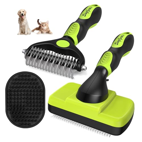 3PCS Dog Grooming Kit - Deshedding Brush, Slicker Brush, Bath Brush and Comb for Pet Supplies (Green Black) -