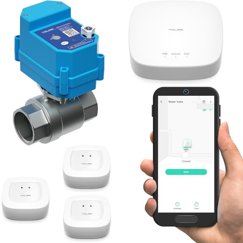 YoLink LoRa Smart Water Leak Protection System, Including 3/4" Commercial Grade Smart Motorized Stainless Steel Valve, (3) Water Leak Sensors, Hub: Up to 1/4-Mile Range, IFTTT, Alexa, Home Assistant -