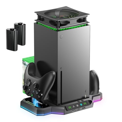 ACAOLOOM for Xbox Series X Cooling Stand with Dual Controller Charger & RGB Lighting - Vertical Cooling Fan Station with Direct-Connect Charging Docks and Game Disc Storage. -