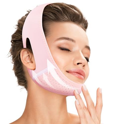 Juskaa Reusable V Line Lifting Mask with Chin Strap for Sleeping,Face Lift Prevent Sagging, Jaw Exerciser,Light Pink,M -