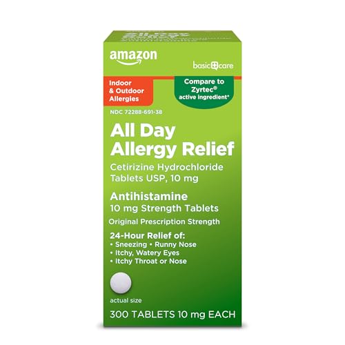 Amazon Basic Care 24 Hour Allergy Relief, Cetirizine Hydrochloride Tablets, 10 mg, 300 Count (Packaging may vary) -