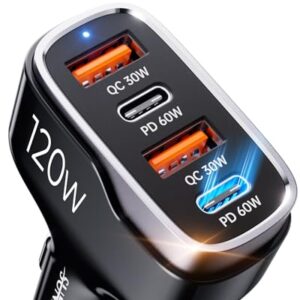 SUNDA 120W USB C Fast Car Charger, 4-Ports Car Charger Adapter, Dual Type C PD60W/PPS60W Compatible with iPhone16/15 Pro/Max/iPhone14/Galaxy/SamsungS24, Dual USB-A 30W QC3.0 for Android(Black) -