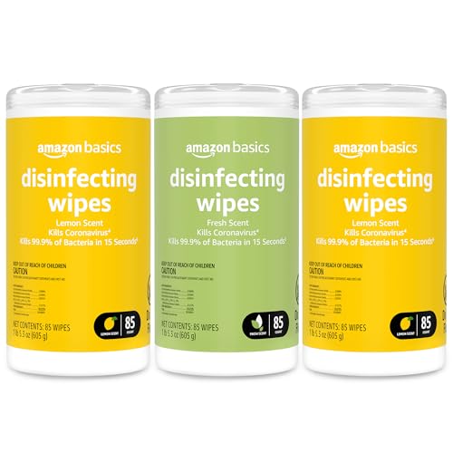 Amazon Basics Disinfecting Wipes, Lemon & Fresh Scent, Sanitizes, Cleans, Disinfects & Deodorizes, 255 Count (3 Packs of 85) -