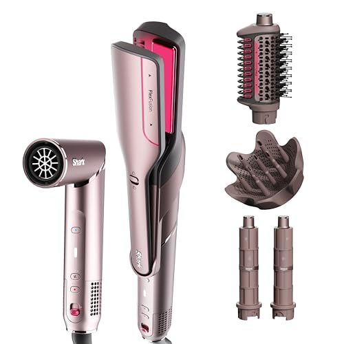 Shark FlexFusion Hair Straightener & Powerful Hair Dryer with Diffuser, Fusion Hair Brush, Ceramic Air Styler with Auto-Wrap Hair Curlers, Ceramic Plates, Cosmic Blush HD642S -