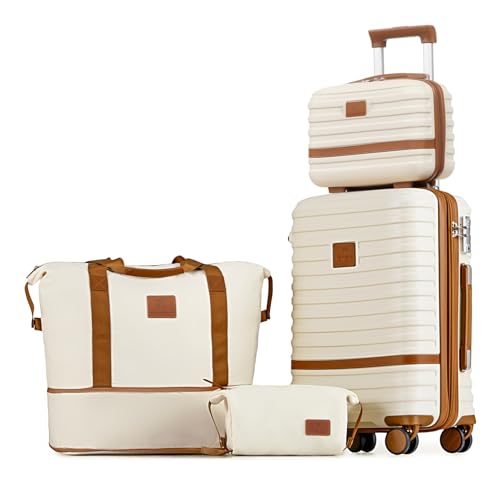 Joyway Carry On Luggage 20 Inch Expandable Suitcase with Spinner Wheel, 4 Piece Hard Shell Luggage Set with TSA Lock(White brown) -
