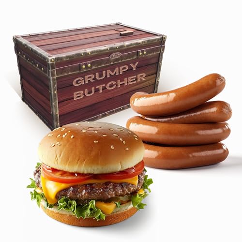 Grumpy Butcher Classic Grill Food Gift – 2 Jumbo Wagyu Sirloin Burger Patties (8 oz) & 4 Jumbo Wagyu Beef Hot Dogs (4.5 oz) – BBQ Meat Gift Basket Assortment -