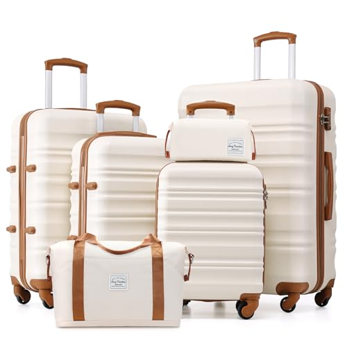 LONG VACATION 6 Piece Luggage Set Carry on Suitcase with ABS+PC hardshell, Spinner Wheels & YKK Zipper TSA Lock (WHITE-BROWN, 6 piece set) -
