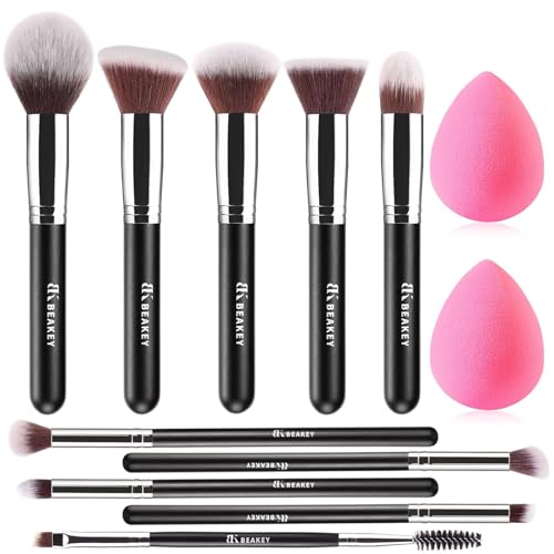 BEAKEY Makeup Brushes Set, Professional Foundation Eyeshadow Concealer Blush Powder Bronzer Applicator, 2 Blender Sponge with Beauty Paper Case -