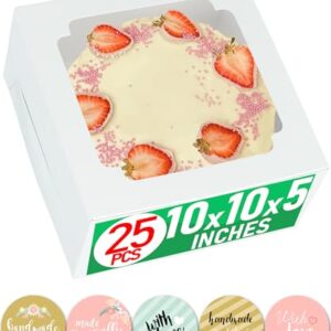 10x10x5 Bulk 25 Pcs Cake Boxes 10 Inch with Window Clear Bakery Dessert Box Square White Large Disposable Pie Boxes Package for Bake Goods Paper Pastry Packaging Donut Delivery Box (80 Pcs Stickers) -