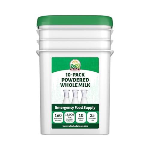 Valley Food Storage Whole Milk Powder | Contains Vitamin A & Vitamin D | Powdered Milk Long Term Storage, 25 Year Shelf Life | Camping Food, Backpacking Meals, Prepper Supplies (10 Bags + Bucket) -