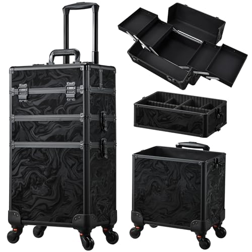 FRENESSA 3 in 1 Rolling Makeup Train Case Professional Cosmetic Trolley Large Storage with Keys Swivel Wheels Salon Barber Case Traveling Cart Trunk for Make Up Hairstylists Nail Tech, Alpine Black -