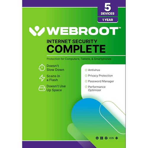 Webroot Internet Security Complete | Antivirus Software 2025 | 5 Device | 1 Year Keycard for PC/Mac/Chromebook/Android/IOS + Password Manager, Performance Optimizer and Cloud Backup | Packaged Version – AmaSync Store