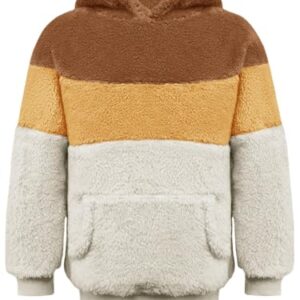Meikulo Boys Color Block Sherpa Hoodie Kids Fashion Hooded Sweatshirts Pullover with Pocket 5-14 Years Brown -
