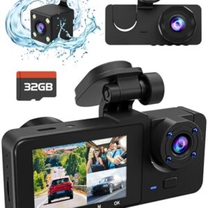 3 Channel Dash Cam,4K+1080P Dash Cam Front and Rear Inside, Dash Camera for Cars, Triple Car Camera with 32GB Card,Built-in G-Sensor, 2’’ IPS Display Car Camera,Loop Recording,24Hr Parking -