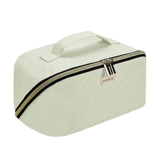 BAFAMYE Travel Makeup Bag - 4L Compact Cosmetic Organizer Bag, Makeup Toiletry Travel Bag with Brush Holder & Multiple Compartments, Waterproof, Beige -