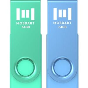 MOSDART 64GB USB 2.0 Flash Drive, with Keychain Loop, Swivel Design with LED Light, exFAT Memory Stick for Computers, System Backup, Data Storage Thumb Drive, Green and Blue (Pack of 2) - Demo Store