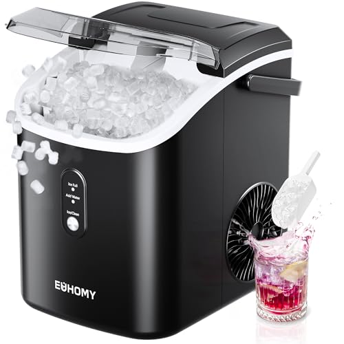 EUHOMY Nugget Ice Maker Countertop with Handle, Ready in 6 Mins, 34lbs Per Day, Removable Top Cover, Auto-Cleaning, Portable Sonic Ice Maker with Basket and Scoop, for Home/Party/RV/Camping (Black) -
