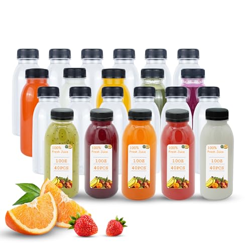 Holotap 42 Pcs 10 OZ Plastic Bottles with Caps, Empty PET Clear Disposable Bulk Juice Bottles with Black Tamper Evident Lids for Juicing, Protein Drinks and Other Beverage Containers -