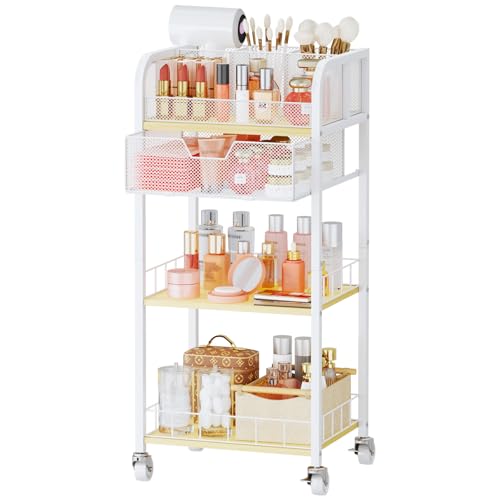 HapiRm Makeup Organizer Storage Cart - 4 Tier Skincare Make Up Storage with Drawer, Rolling Makeup Cart Vanity Organizer Cosmetics Display Cases Holder for Skin Care Perfume Nail Polish Brush -
