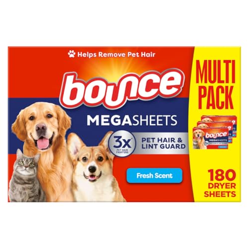 Bounce Pet Hair and Lint Guard Mega Fabric Softener Dryer Sheets with 3X Pet Hair Fighters, Fresh Scent, 180 Count, Bounce Dryer Sheets, Laundry Sheets, Mega Sheet -