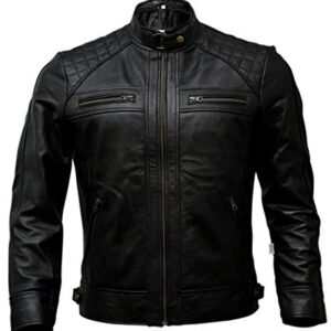 Mens Genuine Leather Biker Jacket Black | Vintage Brown Distressed Lambskin Motorcycle Jackets for Men (Black, X-Large) -