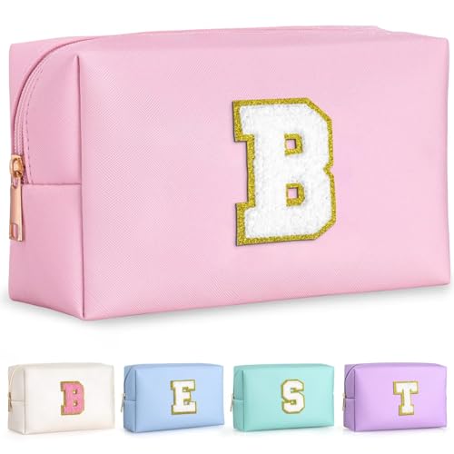 TOPEAST Preppy Patch Makeup Bag, Chenille Letter Pouch Cosmetic Bag, PU Leather Waterproof Toiletry Bag, Personalized Birthday Gift for Women Girl, Cute Stuff for Girls (Pink B) -