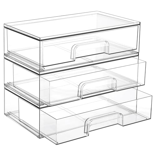 Vtopmart 12.1''W Clear Stackable Storage Drawers,3 Pack Acrylic Plastic Organizers Bins for Makeup Palettes, Cosmetics, and Beauty Supplies,Ideal for Vanity, Bathroom,Cabinet,Desk Organization -