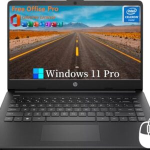 HP 14" Ultral Light Laptops, Intel Celeron N4120, 16GB RAM, 384GB Storage(128GB eMMC+256GB Micro SD), with Office Lifetime License & Windows 11 Pro, Long Battery Life, Wi-Fi, MicroSD, HDMI, Black – AmaSync Store