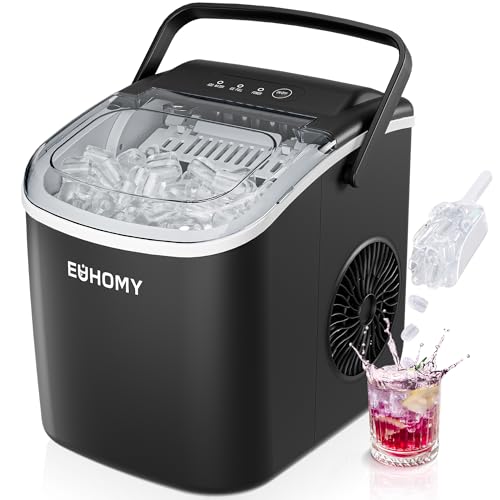 EUHOMY Countertop Ice Maker Machine with Handle, 26lbs in 24Hrs, 9 Ice Cubes Ready in 6 Mins, Auto-Cleaning Portable Ice Maker with Basket and Scoop, for Home/Kitchen/Camping/RV. (Black) -