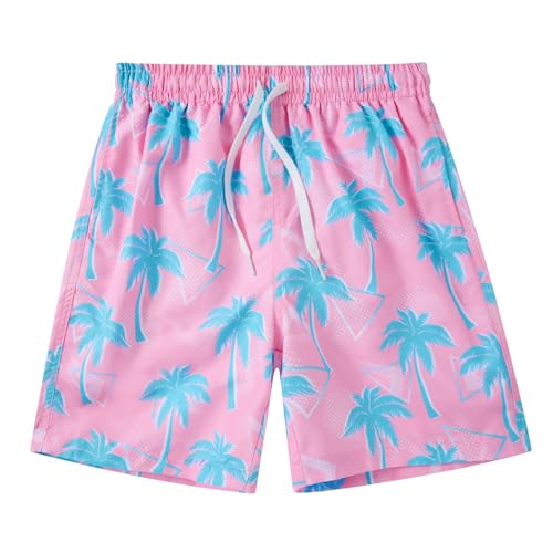 Cozople Teen Boy Pink Swim Trunks Soft Drawstring Mesh Lining Bathing Suit Fashion Hawiia Swimming Trunks Palm Tree Swim Shorts on Vacation -