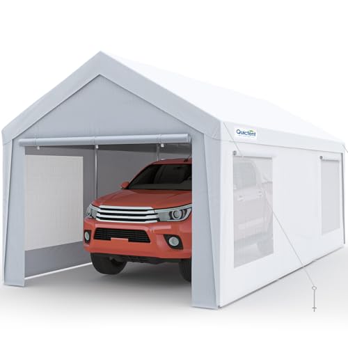 Quictent 10x20 ft Heavy Duty Carport Canopy Galvanized Car Tent Outdoor Garage Boat Shelter with Reinforced Structure with Roll-up Ventilated Windows Sidewall - White -
