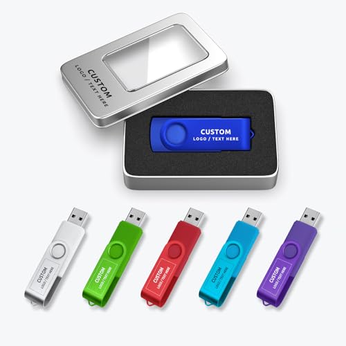 Custom USB Flash Drive with Your Logo, 100 Pack Personalized Swivel Thumb Drive USB 2.0 Memory Stick Pen Drive, Corporate Gifts, External Data Storage (128 GB,with Metal Box) - Demo Store