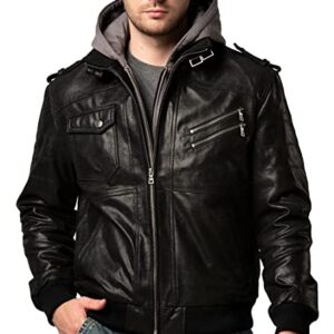 FLAVOR Men Brown Leather Motorcycle Jacket with Removable Hood (4X Big Tall, Black+Gray) -