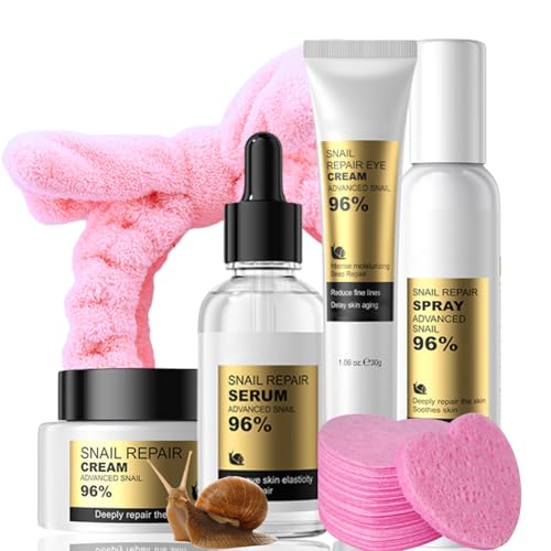 All About Snail Mucin Kit - Snail Korean Skin Care Set - Travel Size Gift Set with Snail Mucin Serum,Moisturizer,Eye Cream,Spray,Hair Band - Hydrating & Anti-Aging Snail Mucin Kit,Facial Kit for Women -